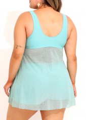Blue plus size,Plain Color plus size,ROTITA Plus Size High Waisted Drawstring Blue Tankini Set