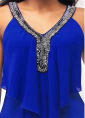 Royal Blue tops,Plain Color tops,ROTITA Embellished Neck Royal Blue Flounce Sleeveless T Shirt