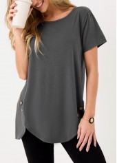 Dark Grey tops,Plain Color tops,Dark Grey Asymmetric Hem Decorative Button T Shirt