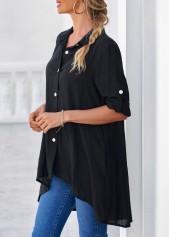 Black tops,Plain Color tops,ROTITA Dip Hem Black Roll Tab Sleeve Button Up Blouse