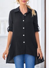 Black tops,Plain Color tops,ROTITA Dip Hem Black Roll Tab Sleeve Button Up Blouse