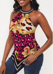 Hot Pink tops,Tribal tops,ROTITA Rose Red Leopard Baroque Print Bib Neck Tank Top
