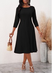 Black dresses,Plain Color dresses,Everyday dresses,Casual dresses,ROTITA Black Round Neck 3/4 Sleeve Dress