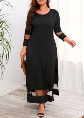 Black dresses,Plain Color dresses,Everyday dresses,Casual dresses,ROTITA Split Black Maxi Round Neck 3/4 Sleeve Dress