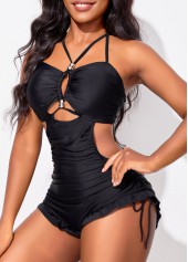 Black swimwear,Plain Color swimwear,ROTITA Cut Out Drawstring Black One Piece Swimwear