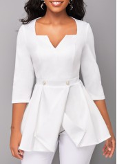 Raw white tops,Plain Color tops,ROTITA Split Raw White Square Neck Blouse