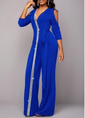 Royal Blue jumpsuits&rompers,Plain Color jumpsuits&rompers,ROTITA Sequin Royal Blue V Neck Jumpsuit