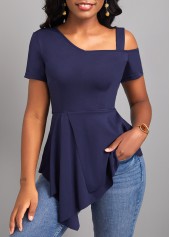 ROTITA Asymmetry Short Sleeve Navy Cold Shoulder Blouse