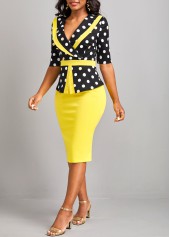 Yellow dresses,Black dresses,Dot dresses,Geometric dresses,Party dresses,Elegant dresses,ROTITA Patchwork Polka Dot Yellow V Neck Bodycon Dress