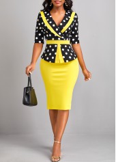ROTITA Robe moulante jaune à pois et col en V patchwork