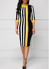 Black dresses,Striped dresses,Geometric dresses,Party dresses,Elegant dresses,ROTITA Striped Black Round Neck Bodycon Dress