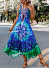 ROTITA Asymmetry Tie Dye Print Blue H Shape Dress