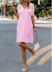 Pink dresses,Contrast Color dresses,Everyday dresses,Casual dresses,Mesh Pink H Shape V Neck Dress