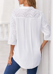 White tops,Plain Color tops,ROTITA White Hollow Embroidery Turndown Collar Blouse
