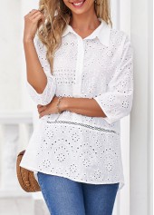 White tops,Plain Color tops,ROTITA White Hollow Embroidery Turndown Collar Blouse