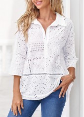 White tops,Plain Color tops,ROTITA White Hollow Embroidery Turndown Collar Blouse
