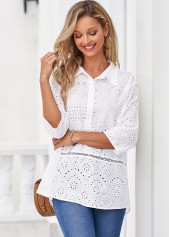 White tops,Plain Color tops,ROTITA White Hollow Embroidery Turndown Collar Blouse