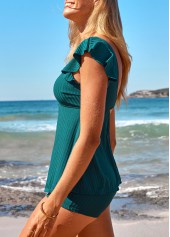 Turquoise swimwear,Plain Color swimwear,ROTITA Cut Out Turquoise High Waisted Tankini Set