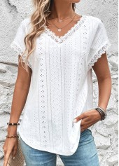 White tops,Plain Color tops,ROTITA Lace White V Neck Short Sleeve T Shirt