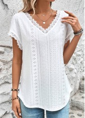 White tops,Plain Color tops,ROTITA Lace White V Neck Short Sleeve T Shirt