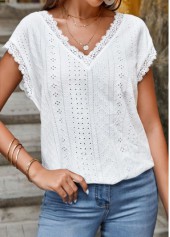 White tops,Plain Color tops,ROTITA Lace White V Neck Short Sleeve T Shirt