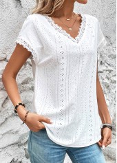 White tops,Plain Color tops,ROTITA Lace White V Neck Short Sleeve T Shirt