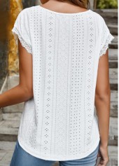 White tops,Plain Color tops,ROTITA Lace White V Neck Short Sleeve T Shirt