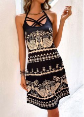 Black dresses,Tribal dresses,Vacation dresses,Vacation dresses,Criss Cross Tribal Print Black Dress