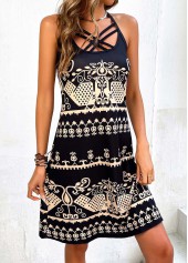 Black dresses,Tribal dresses,Vacation dresses,Vacation dresses,Criss Cross Tribal Print Black Dress