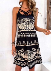 Black dresses,Tribal dresses,Vacation dresses,Vacation dresses,Criss Cross Tribal Print Black Dress