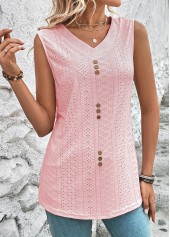 Pink tops,Plain Color tops,ROTITA Button Pink V Neck Tank Top