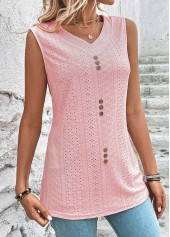 Pink tops,Plain Color tops,ROTITA Button Pink V Neck Tank Top
