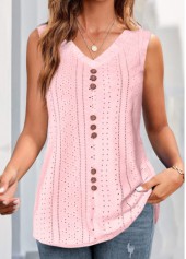 Pink tops,Plain Color tops,ROTITA Button Pink V Neck Tank Top