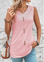 Pink tops,Plain Color tops,ROTITA Button Pink V Neck Tank Top