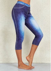 Jeansblaue Leggings mit mittlerer Taille und Flaggenmuster
