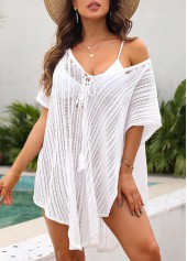 White swimwear,Plain Color swimwear,Tassel Tie Front White Cover Up