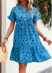 Neon Blue dresses,Floral dresses,Everyday dresses,Casual dresses,ROTITA Frill Button Detail Floral Print Neon Blue Dress