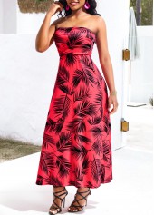 Red dresses,Plants dresses,Vacation dresses,Vacation dresses,Umbrella Hem Leaf Print Red Bandeau Maxi Dress