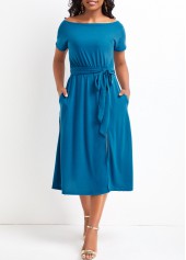 Sky Blue dresses,Plain Color dresses,Vacation dresses,Vacation dresses,Split Sky Blue Off Shoulder Short Sleeve Dress