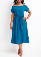 Sky Blue dresses,Plain Color dresses,Vacation dresses,Vacation dresses,Split Sky Blue Off Shoulder Short Sleeve Dress