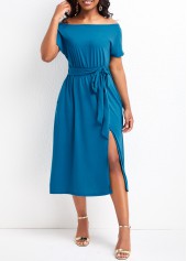 Robe fendue bleu ciel à manches courtes et épaules dénudées