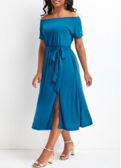 Sky Blue dresses,Plain Color dresses,Vacation dresses,Vacation dresses,Split Sky Blue Off Shoulder Short Sleeve Dress