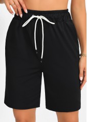 Black bottoms,Plain Color bottoms,Pocket Black Regular Drawastring High Waisted Shorts