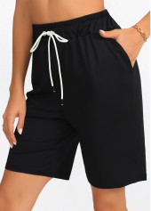 Black bottoms,Plain Color bottoms,Pocket Black Regular Drawastring High Waisted Shorts