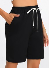 Black bottoms,Plain Color bottoms,Pocket Black Regular Drawastring High Waisted Shorts