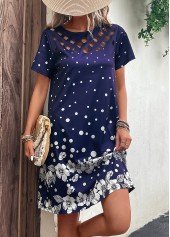 Navy dresses,Floral dresses,Plants dresses,Dot dresses,Everyday dresses,Casual dresses,Cut Out Floral Print Navy H Shape Dress