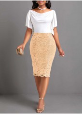Champagne dresses,White dresses,Contrast Color dresses,Party dresses,Elegant dresses,ROTITA Lace Champagne Off Shoulder Short Sleeve Bodycon Dress
