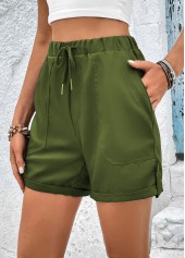 Olive Green bottoms,Plain Color bottoms,Pocket Olive Green Drawastring High Waisted Shorts
