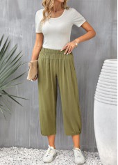 Olive Green bottoms,Plain Color bottoms,Pocket Olive Green Regular Elastic Waist Pants