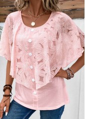 Pink tops,Plain Color tops,ROTITA Button Pink Round Neck Fake Two Piece Twinset